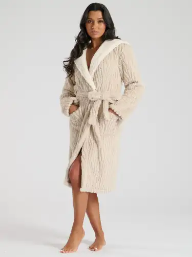 Taupe Wave Cut Sherpa Fleece Hooded Robe