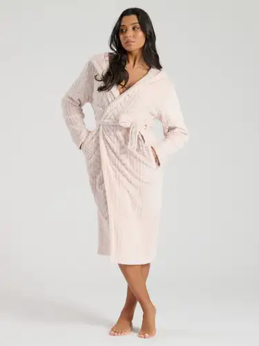 Pink Frosted Cable Embossed Midi Hoded Robe