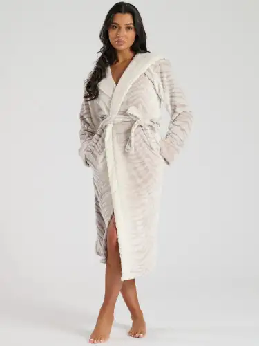 Taupe Ombre Tiger Stripe Midi Hooded Robe