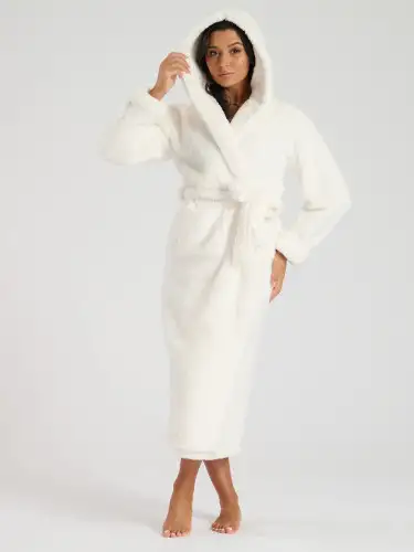 Cream Chunky Sherpa Fleece Hooded Midaxi Robe