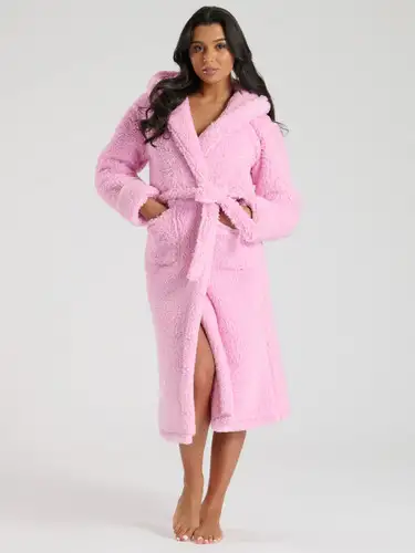 Pink Chunky Sherpa Fleece Hooded Midaxi Robe