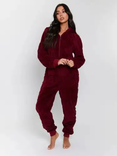 Burgundy Cable Cut Fleece Hooded Onesie