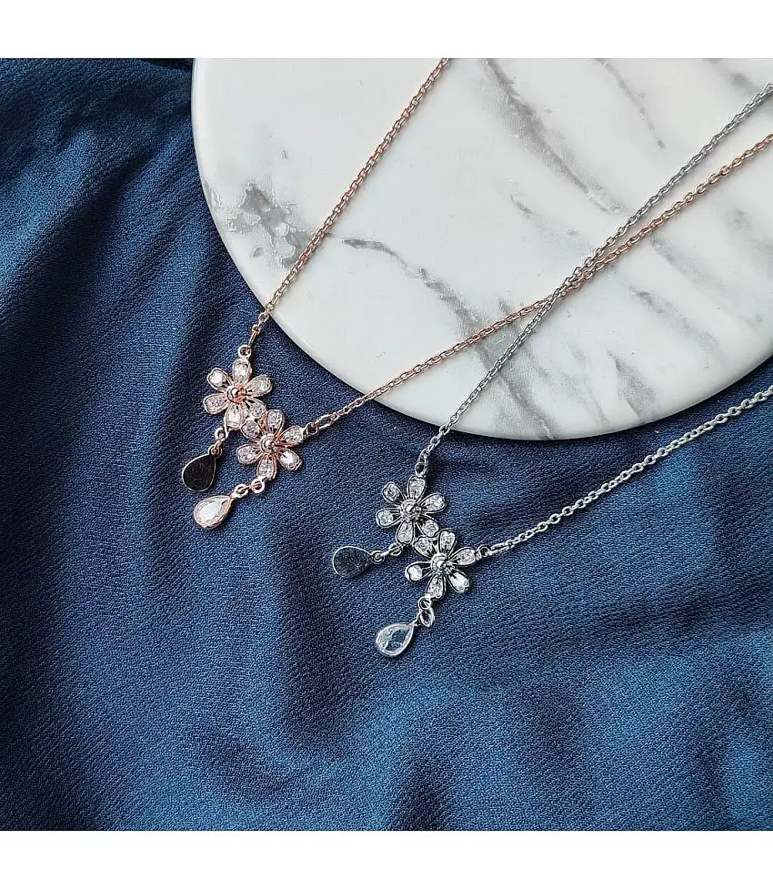 Two Floral Zircon Crystal Dokiya Pendant Dangle Necklace