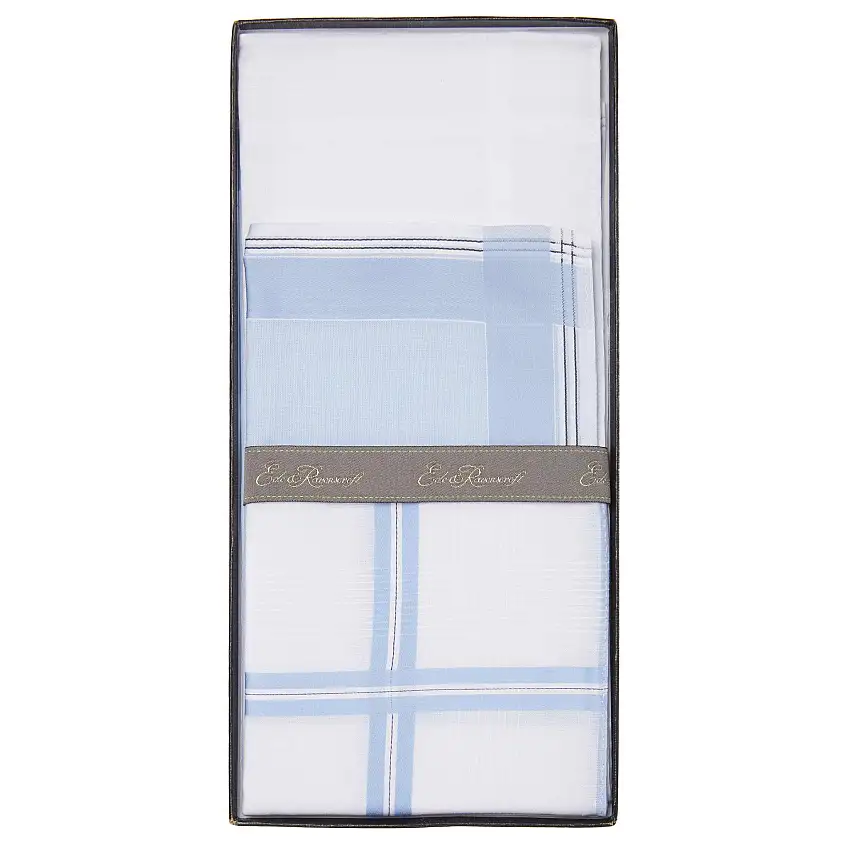 Blue Cotton Mixed Pattern and Plain Boxed Handkerchief Set