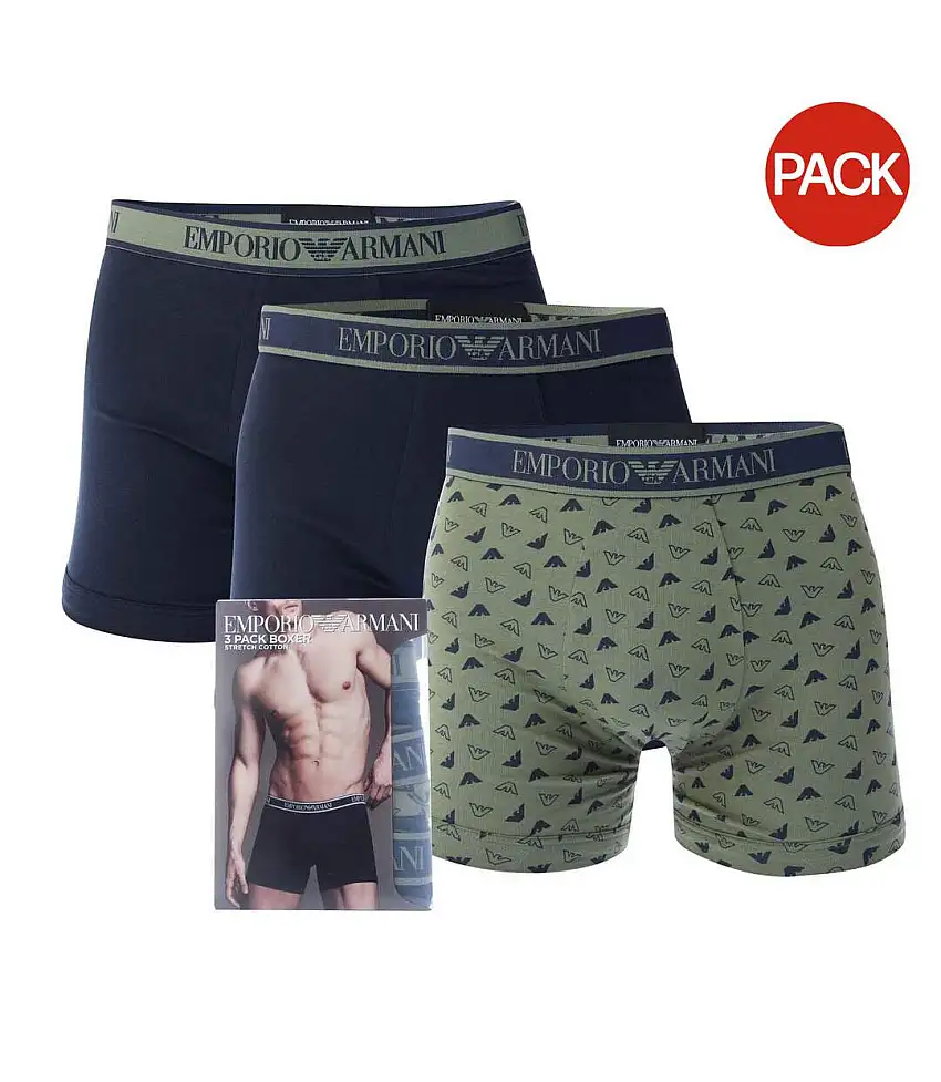 Pack Of 3 Mens Core Logo Boxer Shorts Green Dark Blue Emporio Armani