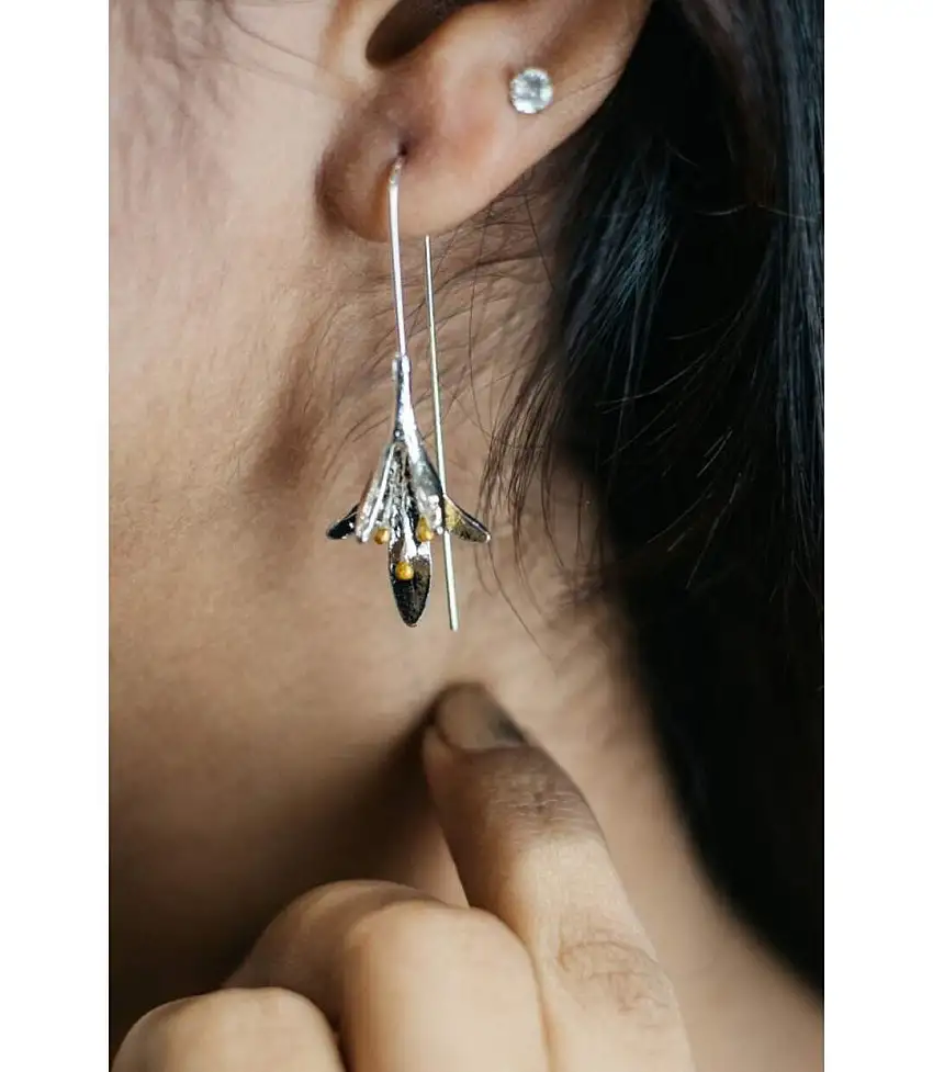 White Long Silver Vintage Lily floral Ear Crawler Hook Drop Ear Wire Earring