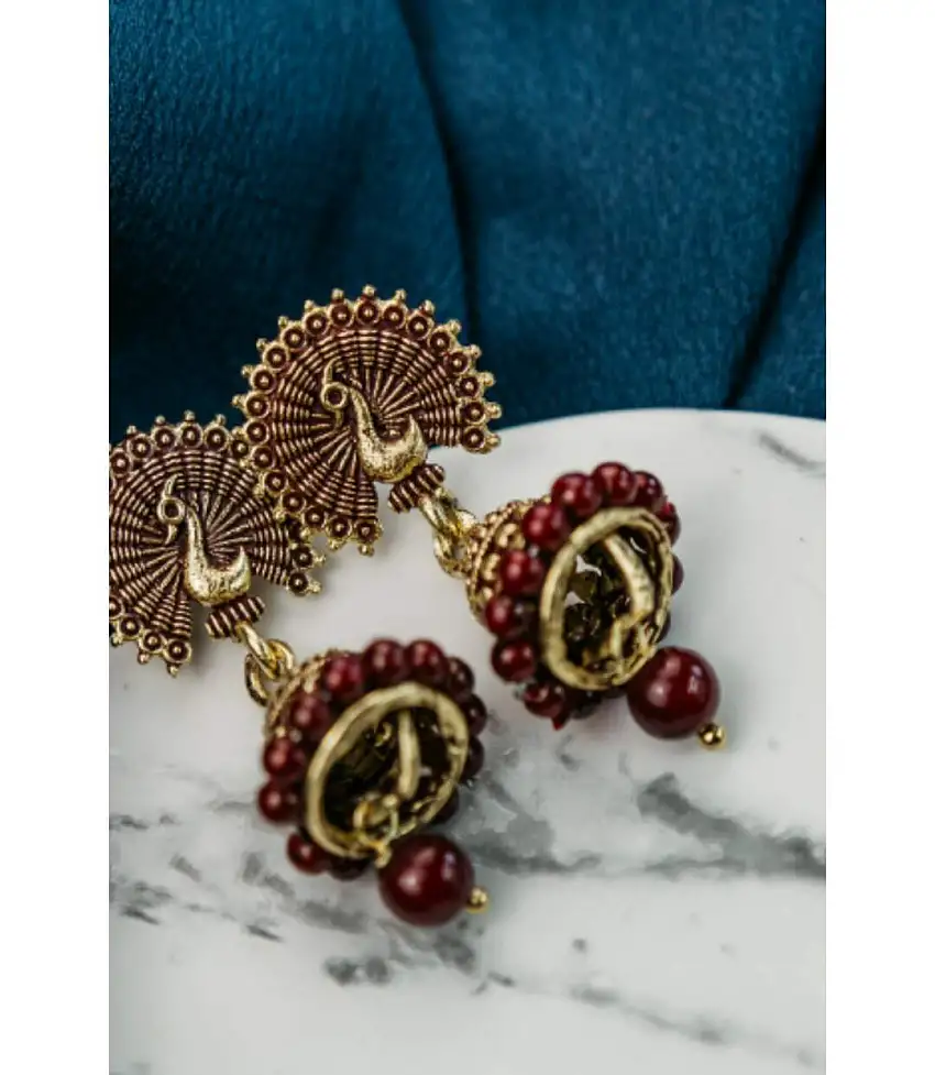 Small Red Intricate Peacock Colourful Indian Ethnic Boho Festival Bridal Jhumkis