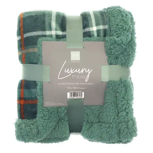 Green Tartan Sherpa Back Plush Throw 120x150cm