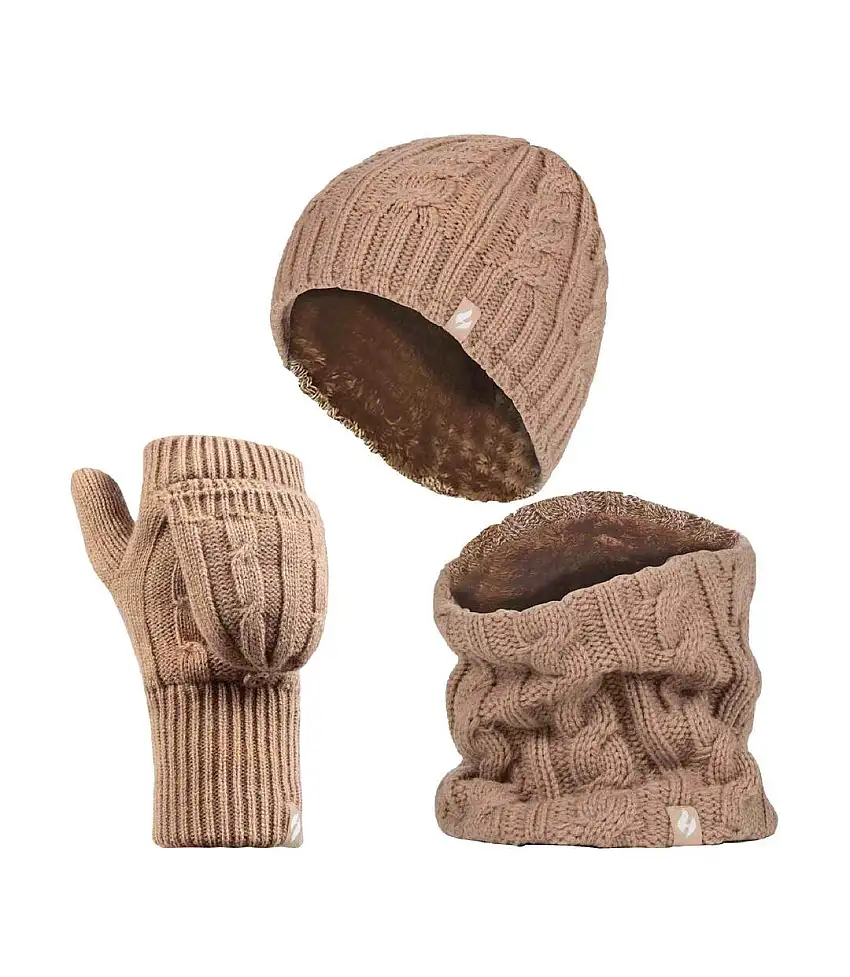 Ladies Fleece Lined Thermal Winter Hat, Neck Warmer & Converter Gloves Set
