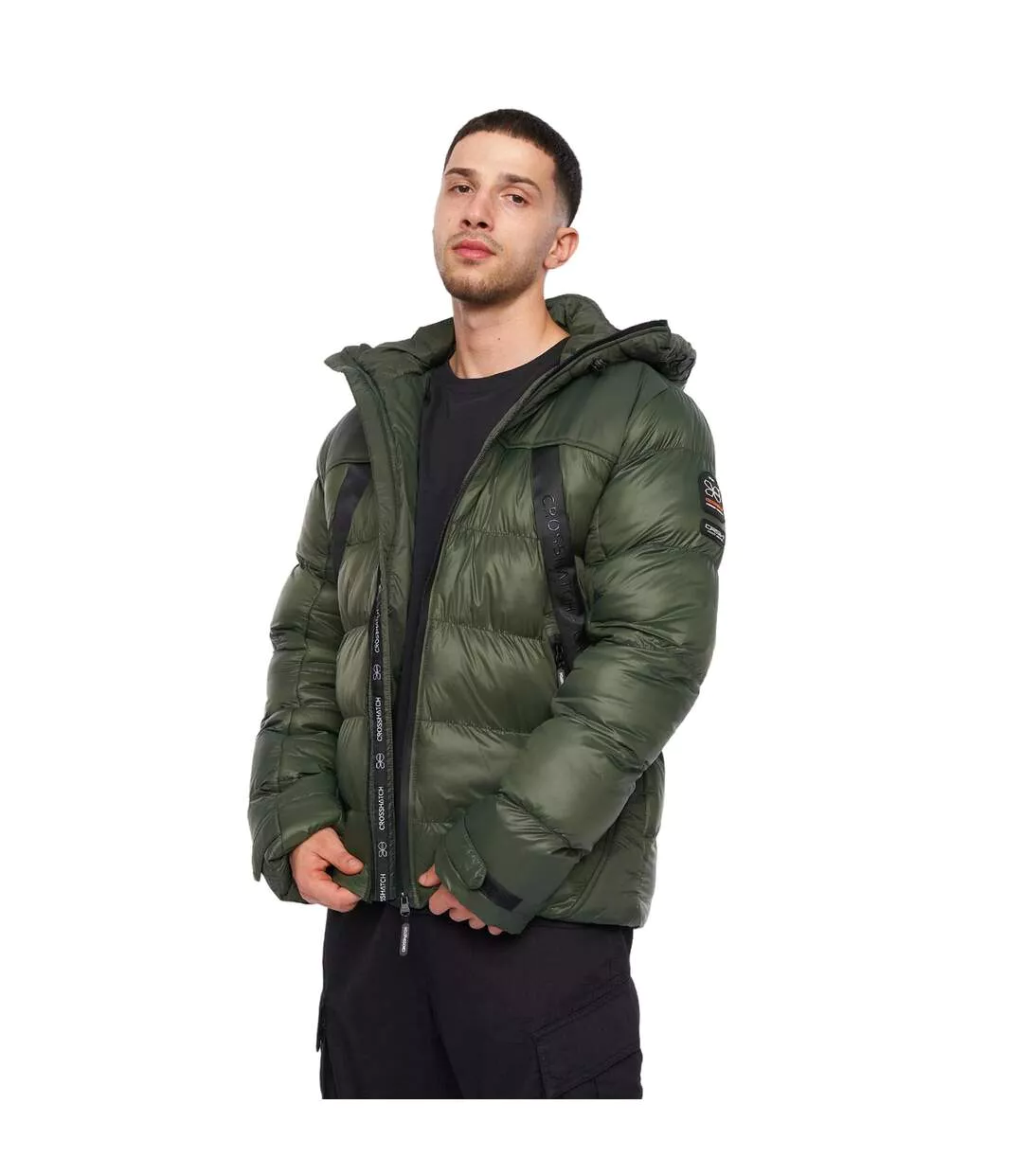 Mens Craystore Hooded Puffer Jacket Olive Crosshatch