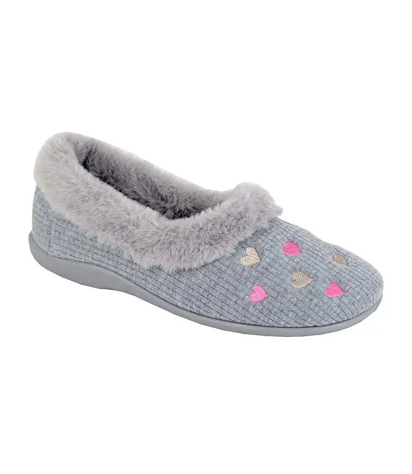 Womens/ladies Daisy Hearts Slippers Grey Sleepers