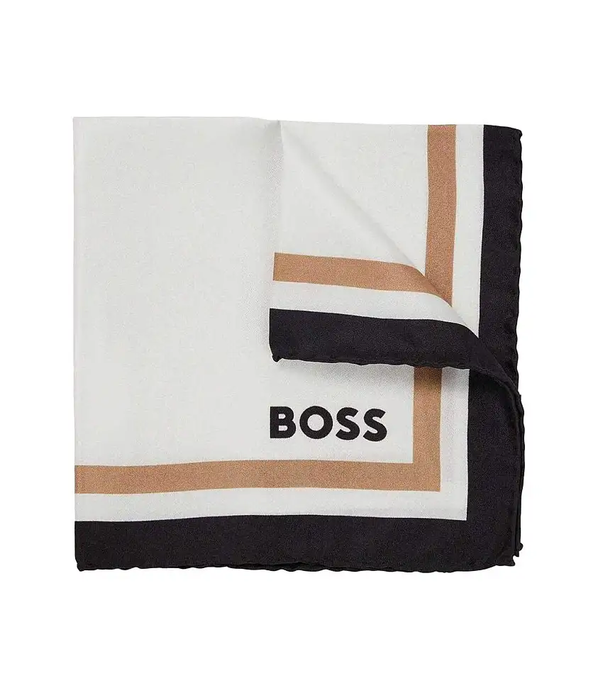 Mens Silk Pocket Square One Size White Black Gold Boss