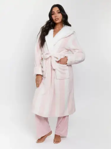 Pink & White Stripe Sherpa Fleece Hooded Midaxi Robe