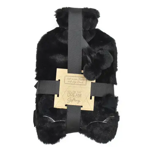 Black Faux Fur Hot Water Bottle & Cat Eye Mask