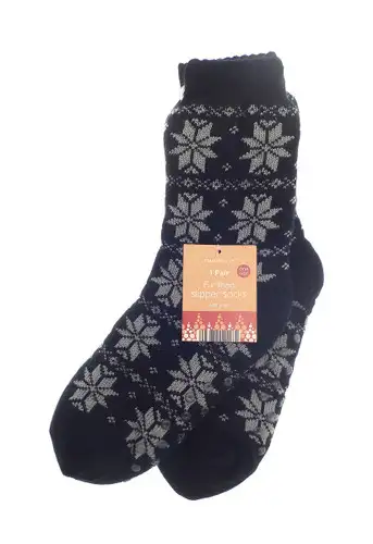 Black Nordic Snowflake Fur Lined Slipper Socks
