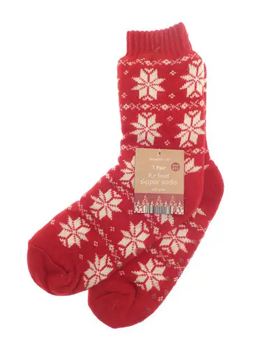 Red Nordic Snowflake Fur Lined Slipper Socks