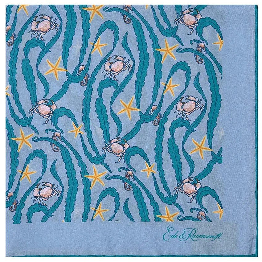 Blue and Green Crab Printed Silk Pocket Square