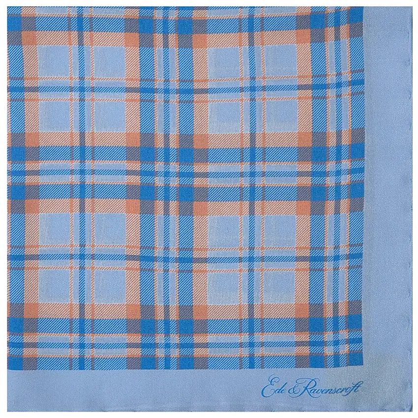 Blue and Orange Check Printed Silk Pocket Square