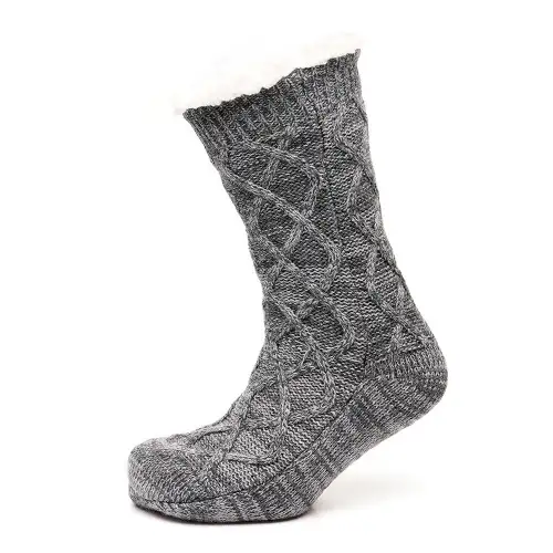 Grey Mixed Yarn Chunky Cable Knit Slipper Socks