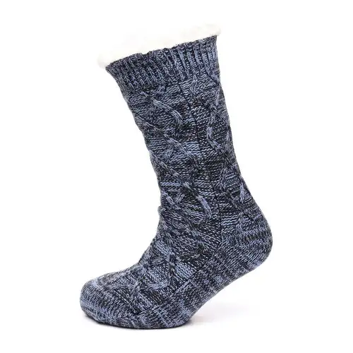 Blue Mixed Yarn Chunky Cable Knit Slipper Socks