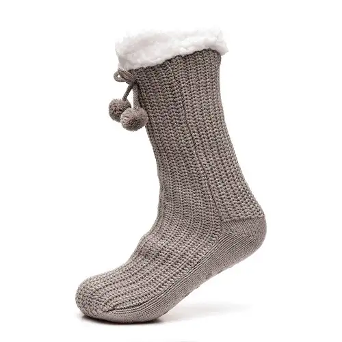 Grey Ribbed Lurex Knit Pompom Slipper Socks