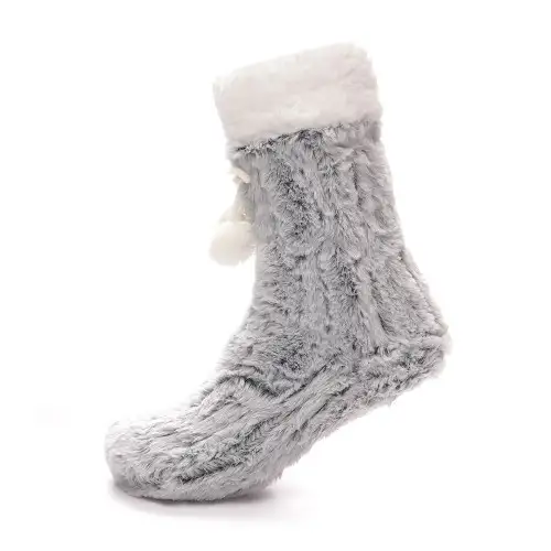 Grey Fluffy Textured Fur Pompom Slipper Socks