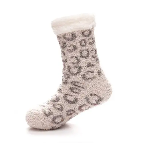 Beige Leopard Chenille Knit Slipper Socks