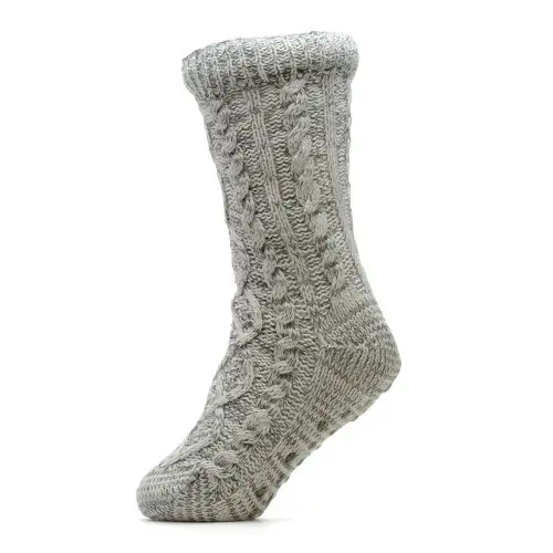 Grey Marl Twist Yarn Cable Knit Slipper Socks