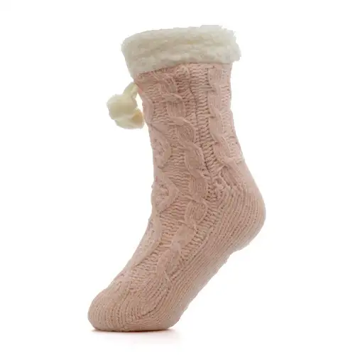 Pink Chenille Cable Knit Pompom Slipper Socks