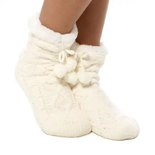 Cream Chenille Cable Knit Pompom Slipper Socks