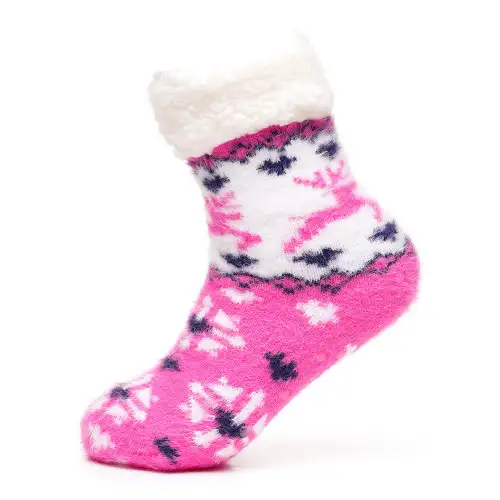Bright Pink Fluffy Fairisle Slipper Socks
