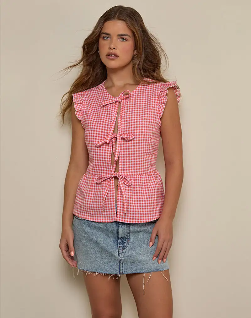 Vataka Tie Front Top In Mini Gingham Peach