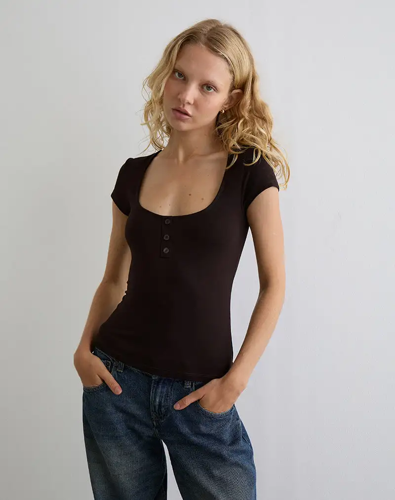 Vibian Short Sleeve Top in Chocolate Brown