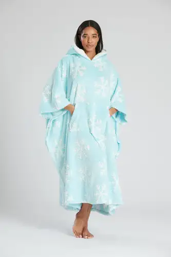 Ice Blue Snowflake Fleece Oversize Poncho