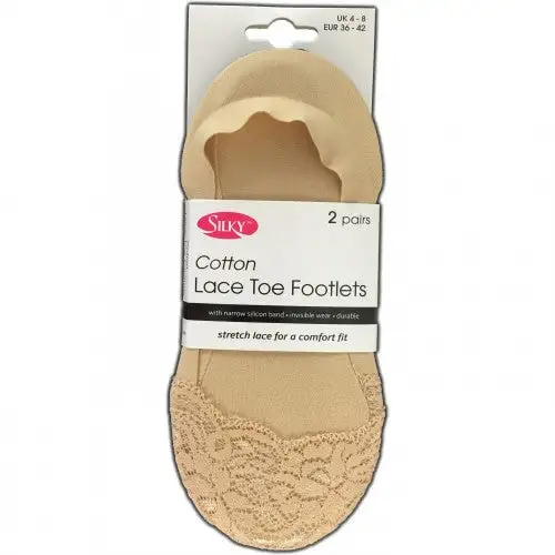 Silky Womens/Ladies Cotton Lace Toe Footlets (2 Pairs - Black/Natural Assorted)