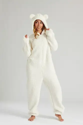 Cream Teddy Ears Borg Fleece Hooded Onesie